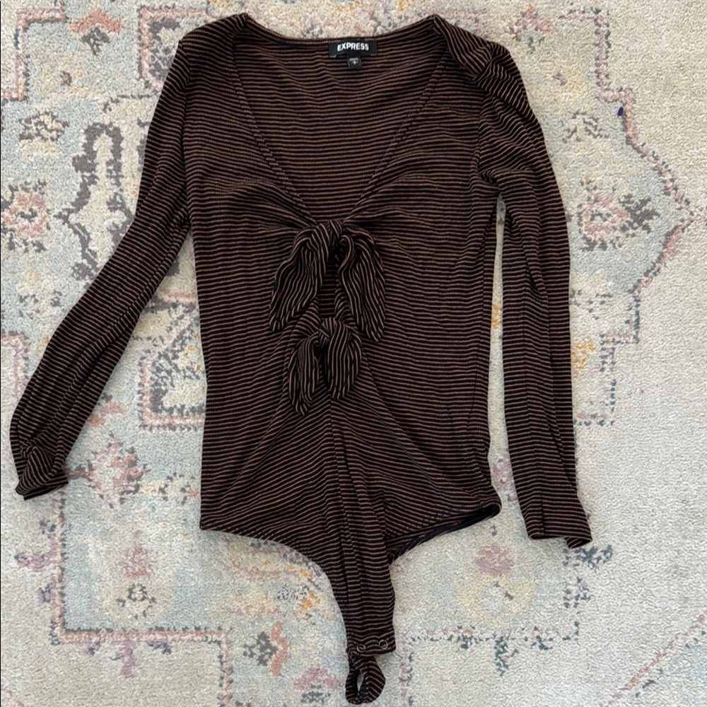 Express Brown Ruched Tie Front Bodysuit
